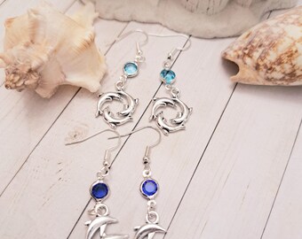 Silver Dolphin Clip On Earrings: Blue Crystal Charm, Marine Life Jewelry