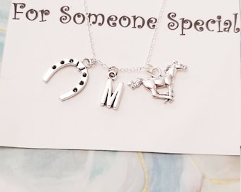 Horses charm necklace, horse shoe charm necklace, good luck necklace, initial charm necklace, gift for horse lover