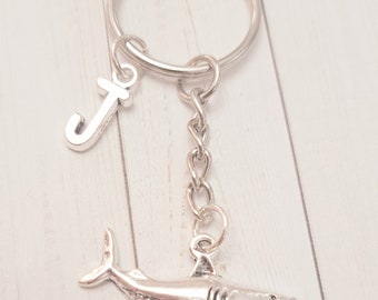 Shark charm keychain, shark lover new driver gift, boy ocean birthday party favor gift, beach lover car accessory initial name charm