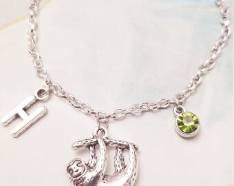 Sloth Charm Bracelet: Personalized Initial, Birthstone, Animal Gift