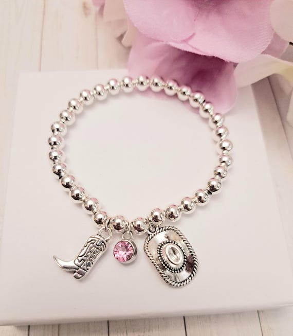 Silver Cowgirl Bracelet: Beaded Western Jewelry, Birthstone Charm