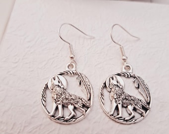 Silver Wolf Moon Dangle Earrings: Celtic Wiccan Gift