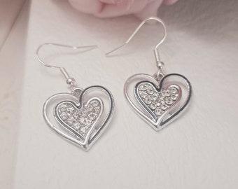 Silver Heart drop dangle earrings, Valentine's Day Earrings, Girlfriend gift, Silver Heart earring gift for wife, Valentine's Day Rhinestone