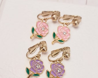 Gold Rose Clip On Earrings: Non Pierced Flower Earrings