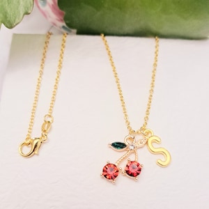 Gold Cherry Charm Necklace: Personalized Initial Pendant, Summer Jewelry
