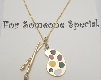 Gold Plated Paint Palette Necklace, Cool Paint Brush Artist Painter Necklace, Homemade Gold Girls and Boys Colorful Birthday Necklace