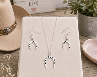 Sterling Silver Horseshoe Necklace & Earrings Set: Lucky Cowgirl Jewelry