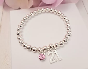 Bracelet personnalisé avec pierre de naissance pour 21 ans : bijoux en argent sterling
