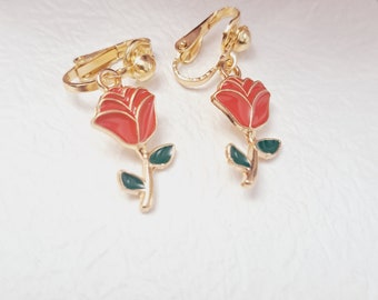 Rose Clip On Earrings: Gold Tone Non Pierced Earrings