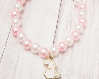 Easter Bunny Charm Bracelet, Pink & Gold Pearl Beads