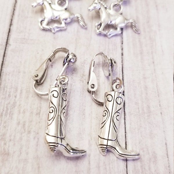 Cowboy boot earrings, clip on earrings, non pierced earrings, cowboy boot earrings, gift for her, Birthday gift, horse earrings