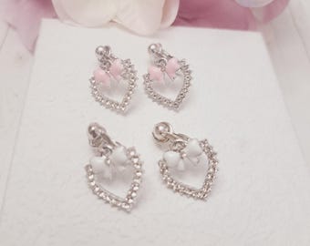 Coquette Bow Heart Clip on earrings, Heart shaped clip on earrings, non pierced earrings, Clip on earrings for girls, Bow earrings, Coquette
