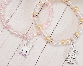 Easter gift for kids bracelet, Easter Bunny bracelet, girls bead pearl bracelet, Easter basket stuffer, gift for her, Easter, set of two