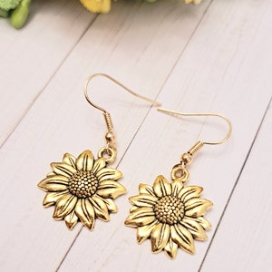 Gold Sunflower Dangle Earrings: Floral Summer Jewelry