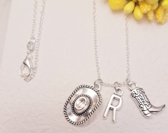 Cowgirl Hat Boot Charm Necklace: Personalized Initial, Western Jewelry