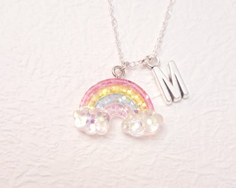 Initial Rainbow Charm necklace, Magical Girl Birthday Party Present, Elementary tween  teen custom friend gift for her