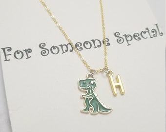 Boys Dinosaur Necklace: Green Enamel T Rex Charm, Personalized Initial