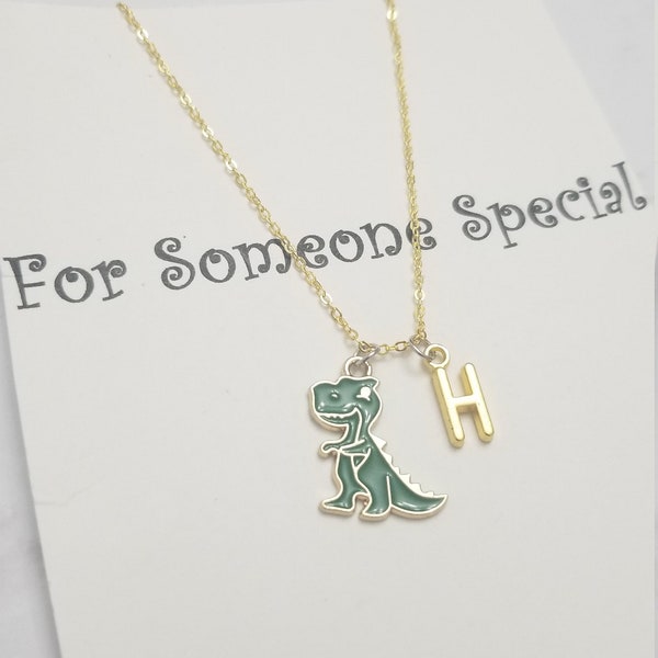 Custom gold initial and dinosaur charm necklace, dino lover gift, T Rex pendant necklace boys birthday