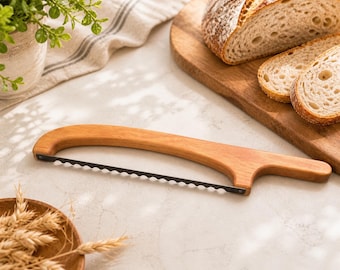 Handmade Cherry Wood Bread Knife – Serrated Sourdough Slicer, Artisan Wooden Kitchen Knife, Rustic Bread Cutter, Gift for Bakers