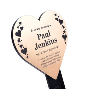 Personalised Hearts Memorial - Engraved, heart shaped, plaque with poem, mounted onto a stake, decorative grave marker