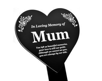 Mum Memorial - Engraved, heart shaped, plaque with poem, mounted onto a stake, decorative grave marker