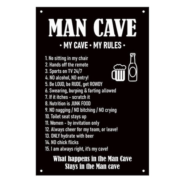 Man Cave Rules - Novelty Fun Sign Plaque, Father's Day Gift, Dad's Birthday