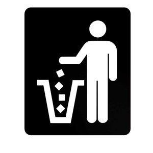 May include: Black and white sign with a stick figure throwing trash into a trash can. The sign says "Trash"