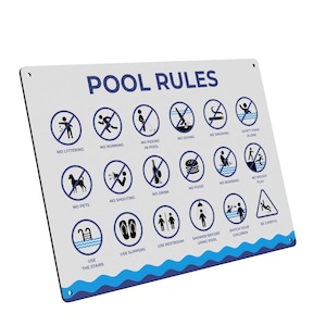 May include: A white sign with blue text and graphics that reads "POOL RULES". The sign lists rules for a swimming pool, including no littering, no running, no peeing in the pool, no diving, no smoking, don't swim alone, no pets, no shouting, no drinking, no food, no bombing, no rough play, use the stairs, use slippers, use restroom, shower before using pool, watch your children, and be careful.