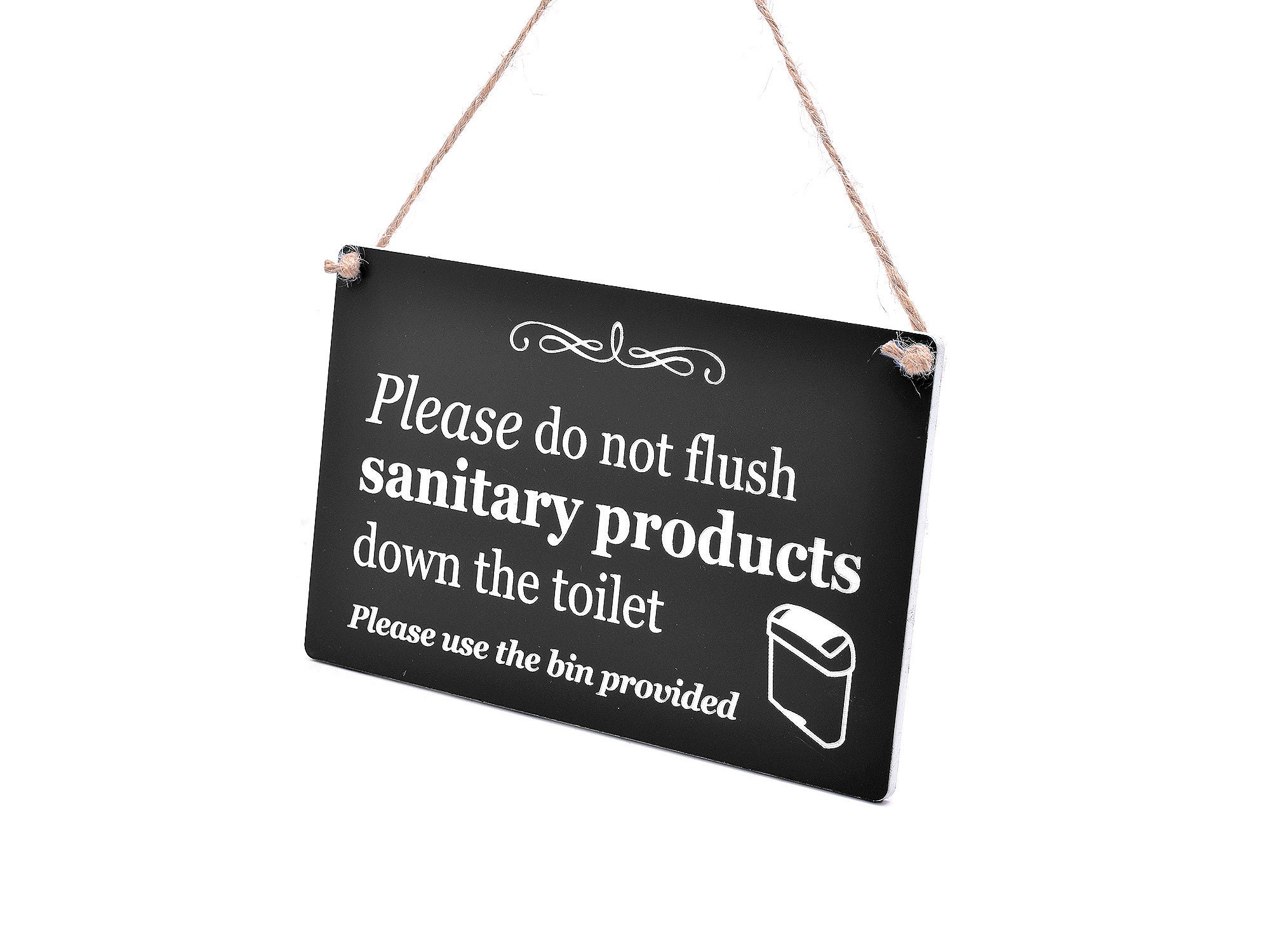 Sanitary Bin Sign for Toilet, Ladies, Loo, Bathroom, W.C - hanging discreet sign supplied with twine, ideal for septic tank users