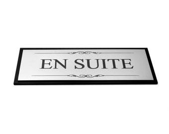 En Suite Bathroom Door Sign, Adhesive Plaque Stylish Metallic Silver and Black - Acrylic (Size 19.5cm x 7.6cm) supplied with adhesive strips