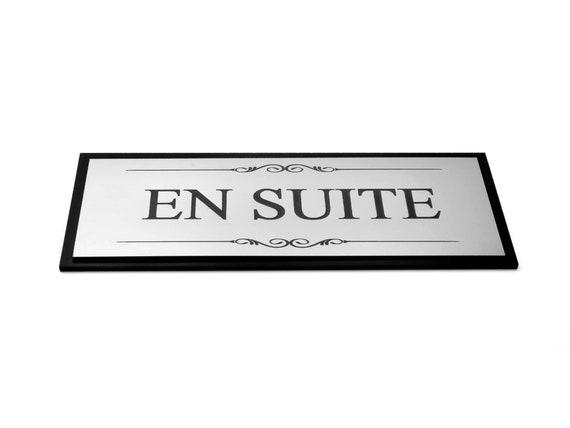 En Suite Bathroom Door Sign, Adhesive Plaque Stylish Metallic Silver and  Black Acrylic size 19.5cm X 7.6cm Supplied With Adhesive Strips 