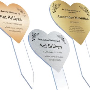 Personalized Memorial Plaque. Custom Engraved Heart Shaped Grave Marker with Clear Acrylic Stake
