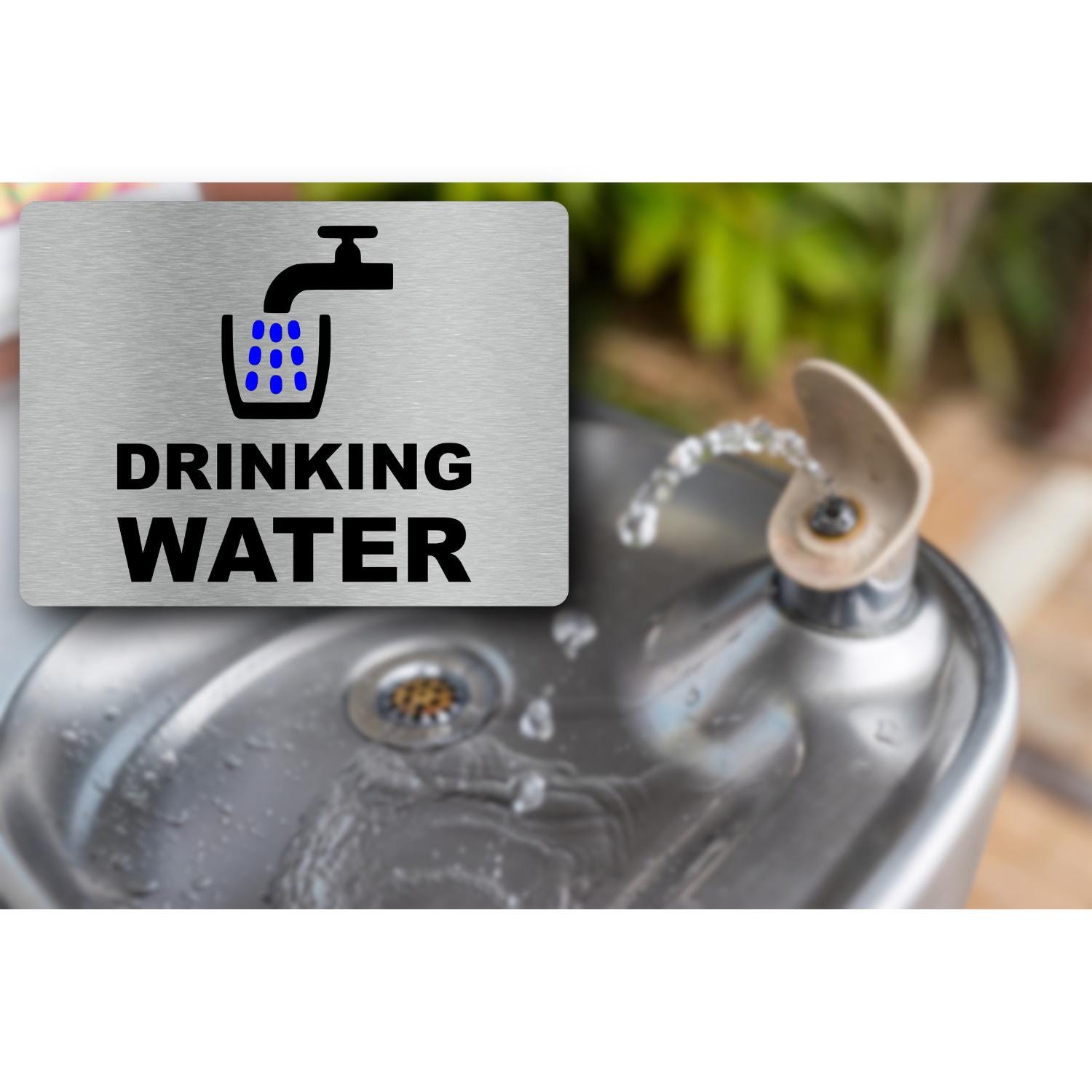 Metallic Silver Drinking Water Sign: UV Printed Aluminum, Self-adhesive ...