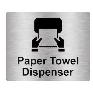 Aviso de adesivo para dispensador de toalha de papel, prata metálica gravada em preto com símbolo de ícone universal e texto (tamanho 12 cm x 10 cm)
