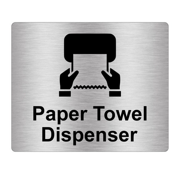 Paper Towel Dispenser Sign Adhesive Sticker Notice, Metallic Silver Engraved Black with Universal Icon Symbol and Text (Size 12cm x 10cm)