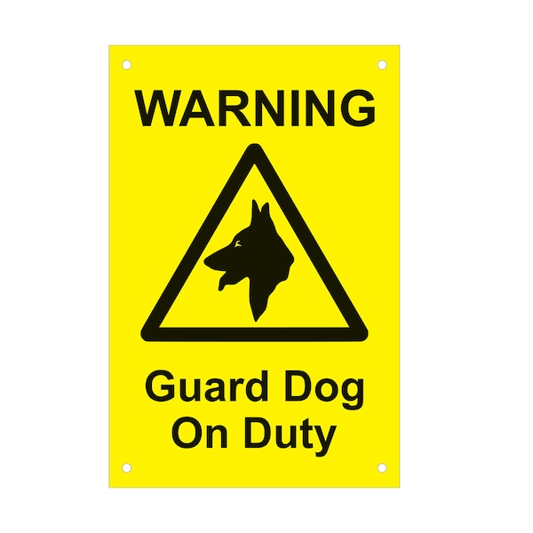 Warnwache Hund / Hunde im Dienst, Schild, Hinweis, Warnung - Gelb/Schwarz oder Rot/Weiß Kunststoff Acryl Schild, Wasserfest, mit Bohrlöchern