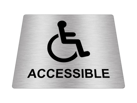 Accessible aux fauteuils roulants, handicapé, handicapé, signe autocollant  adhésif argenté avec symbole d'icône universel et texte taille 12 cm x 10  cm -  France