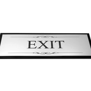 Exit Door Sign, Adhesive Plaque, Stylish Metallic Silver and Black - Size 19.5cm x 7.6cm, supplied with adhesive strips, for business, shop
