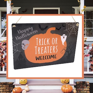 Welkom: Halloween-trick or treat - deurplaquette | Hangbord voor buiten | Decoratie: