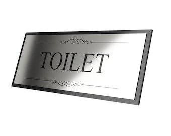 Toilet Door Sign, Adhesive Plaque, Stylish Metallic Silver and Black - Acrylic (Size 19.5cm x 7.6cm) supplied with adhesive strips