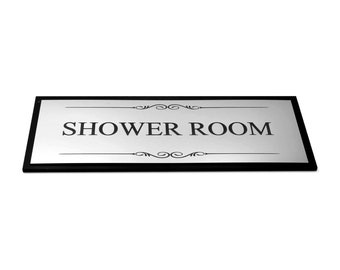Shower Room Door Sign, Adhesive Plaque, Stylish Metallic Silver and Black - Acrylic (Size 19.5cm x 7.6cm) supplied with adhesive strips