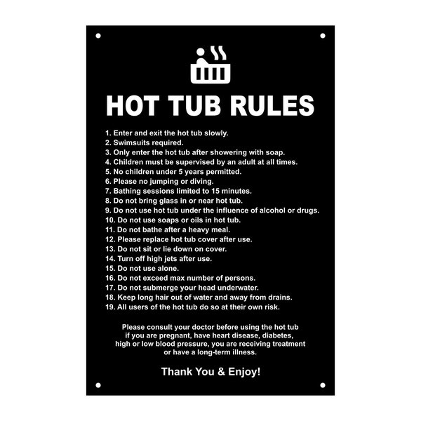 NEW Hot Tub Rules - Modernes Schild für den Außenbereich mit einer Liste von Gesundheits- und Sicherheitspunkten über die Verwendung eines Wärmbeckens.