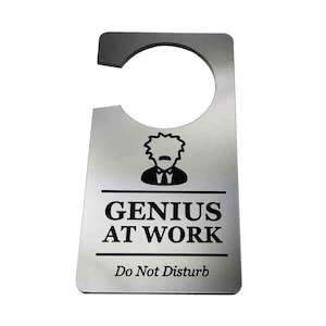 Puede incluir: Colgador de puerta plateado con una silueta negra de Albert Einstein y el texto "Genius at Work Do Not Disturb".