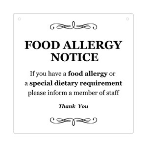 FOOD ALLERGY NOTICE Ideal for restaurants, cafes, bars, pubs, take-aways or market stalls serving food White