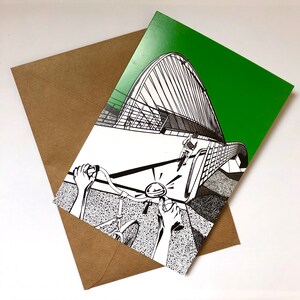 May include: Black and white illustration of a person riding a bicycle on a bridge with a green background. The bridge is a large arch structure with a grid pattern.