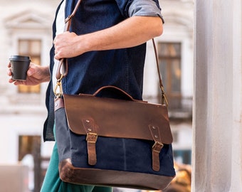 Herren Messenger Bag für MacBook Laptops 12 13 14 15 16 Zoll, Leder und Canvas Computertasche, personalisiert für Studenten und Pendler