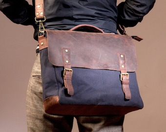 Canvas laptoptas Man, herentas, gewaxte canvas tas, laptoptas, gewaxte tas, handgemaakt door echte ambachtslieden