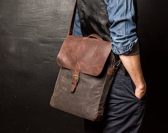 Messenger Bag Men, Leather Bag and Waxed Canvas Shoulder Bag, Computer Bag, Laptop 14" Hand Bag