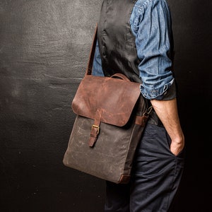 Messenger Bag Men, Leather Bag and Waxed Canvas Shoulder Bag, Computer Bag, Laptop 14 Hand Bag image 1