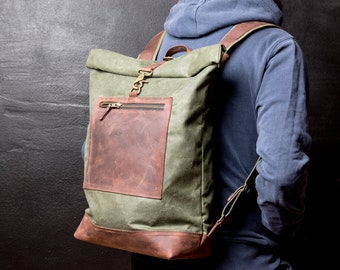 Rolltop Backpack of Waxed Canvas with Front Leather Zipped Pocket, Roll Top Rucksack, Slim Backpack